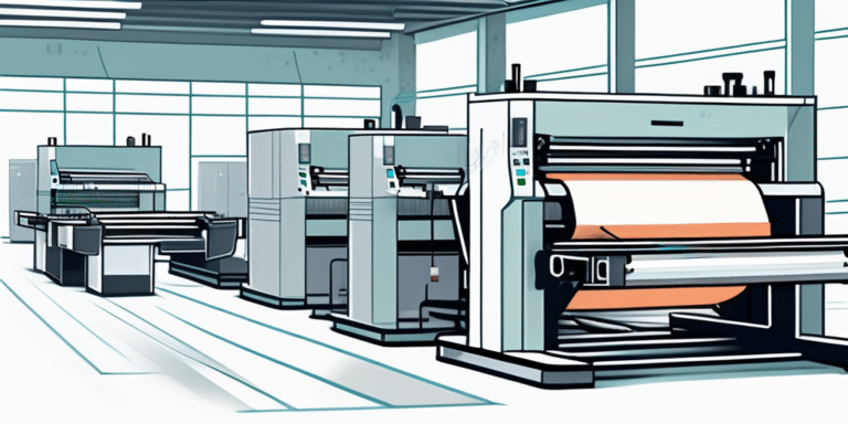 moderne hochtechnologische Druckpresse in einer Druckerei mit gestapelten neuen Druckerzeugnissen zur Qualitaetskontrolle